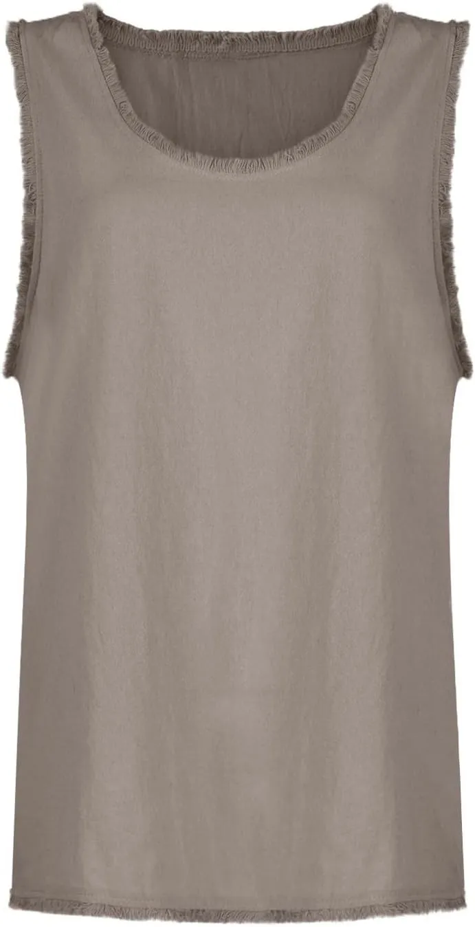 Womens Sleeveless Ruffled V Neck Vest Shirts Summer Cotton Linen Tank Tops Solid Color Raw Edge Hem Camisoles