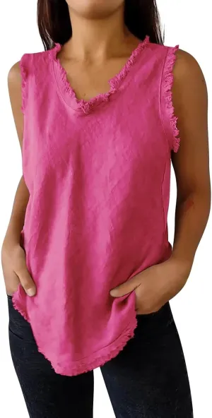 Womens Sleeveless Ruffled V Neck Vest Shirts Summer Cotton Linen Tank Tops Solid Color Raw Edge Hem Camisoles