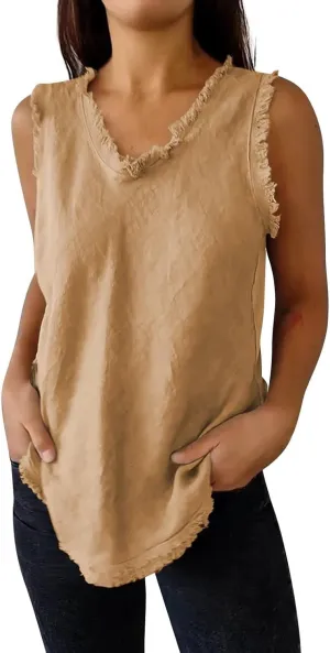 Womens Sleeveless Ruffled V Neck Vest Shirts Summer Cotton Linen Tank Tops Solid Color Raw Edge Hem Camisoles