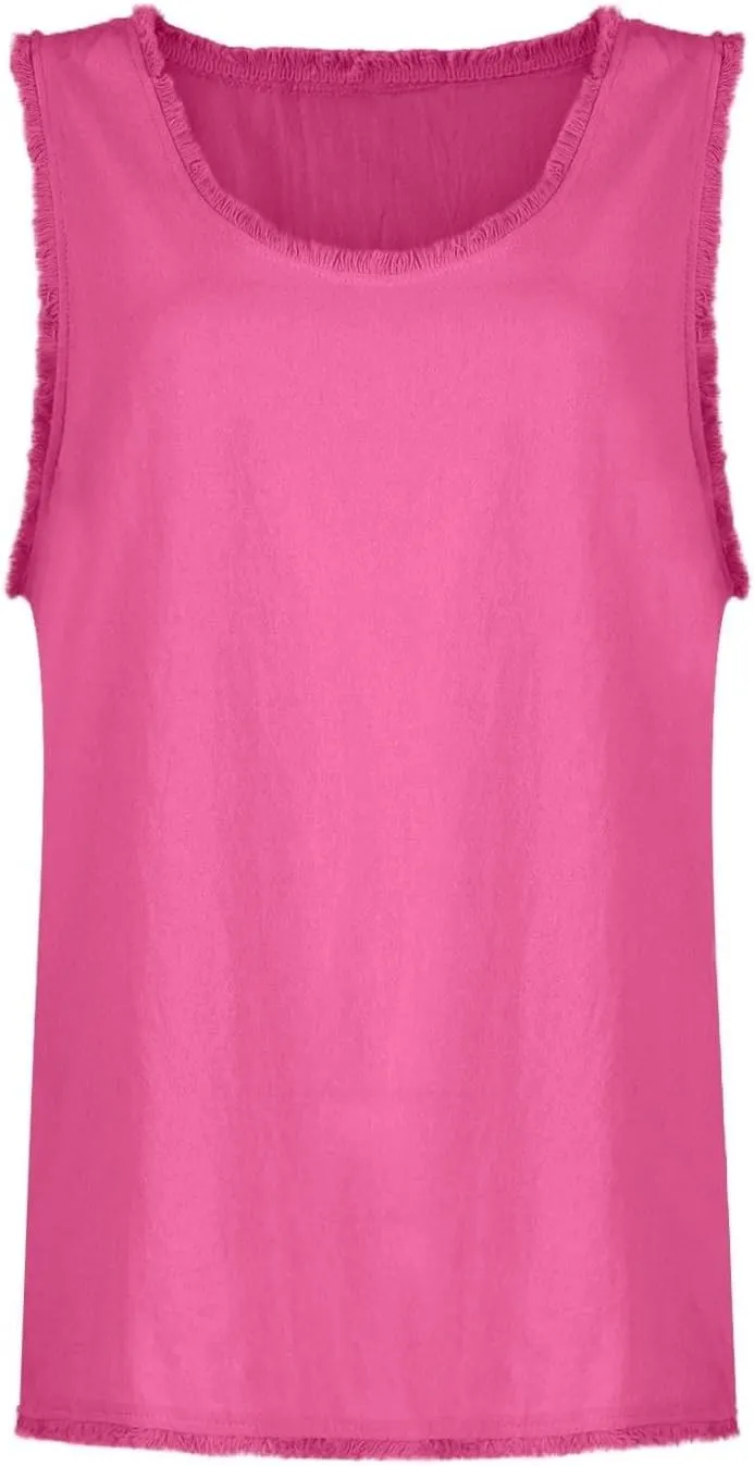 Womens Sleeveless Ruffled V Neck Vest Shirts Summer Cotton Linen Tank Tops Solid Color Raw Edge Hem Camisoles