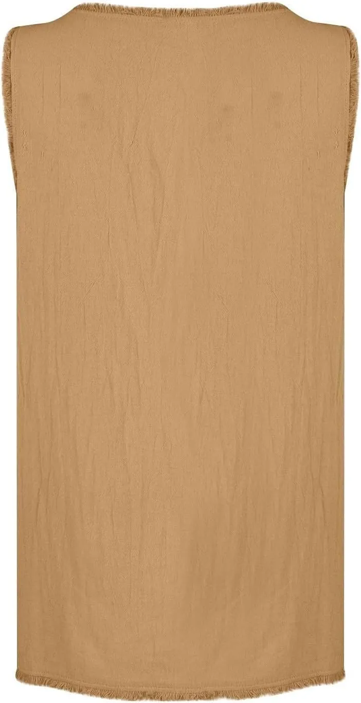Womens Sleeveless Ruffled V Neck Vest Shirts Summer Cotton Linen Tank Tops Solid Color Raw Edge Hem Camisoles
