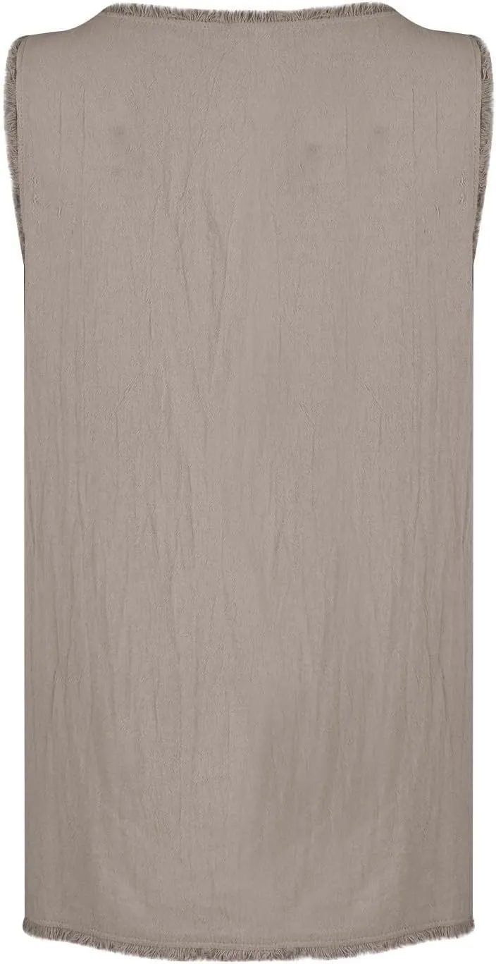 Womens Sleeveless Ruffled V Neck Vest Shirts Summer Cotton Linen Tank Tops Solid Color Raw Edge Hem Camisoles