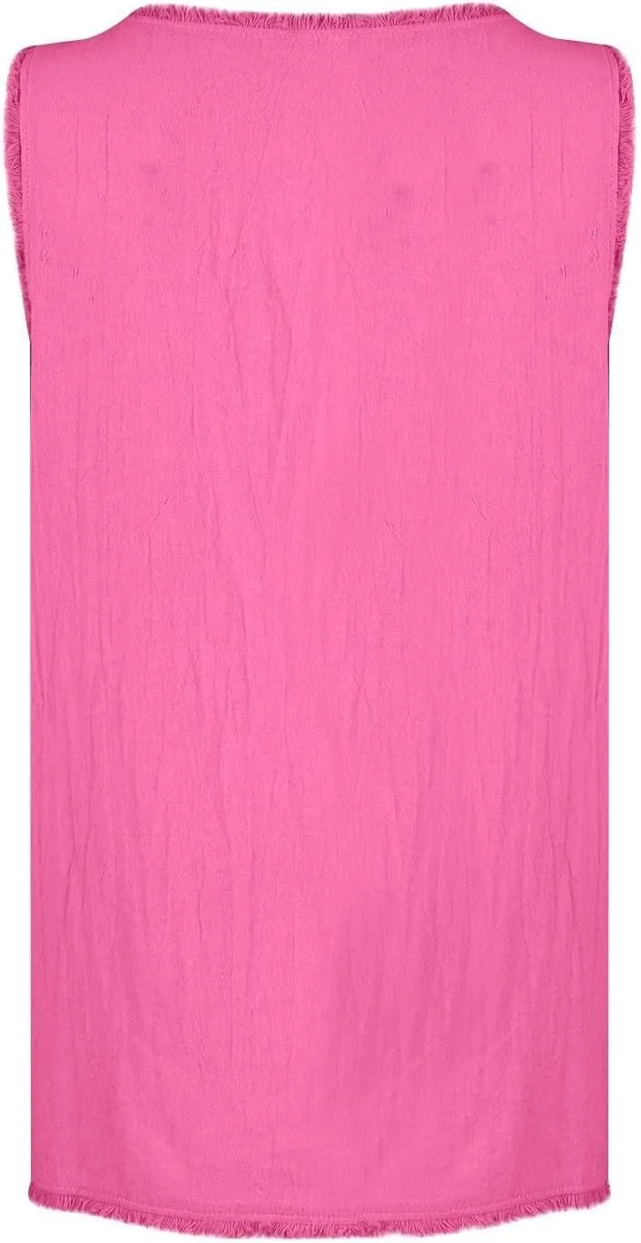 Womens Sleeveless Ruffled V Neck Vest Shirts Summer Cotton Linen Tank Tops Solid Color Raw Edge Hem Camisoles