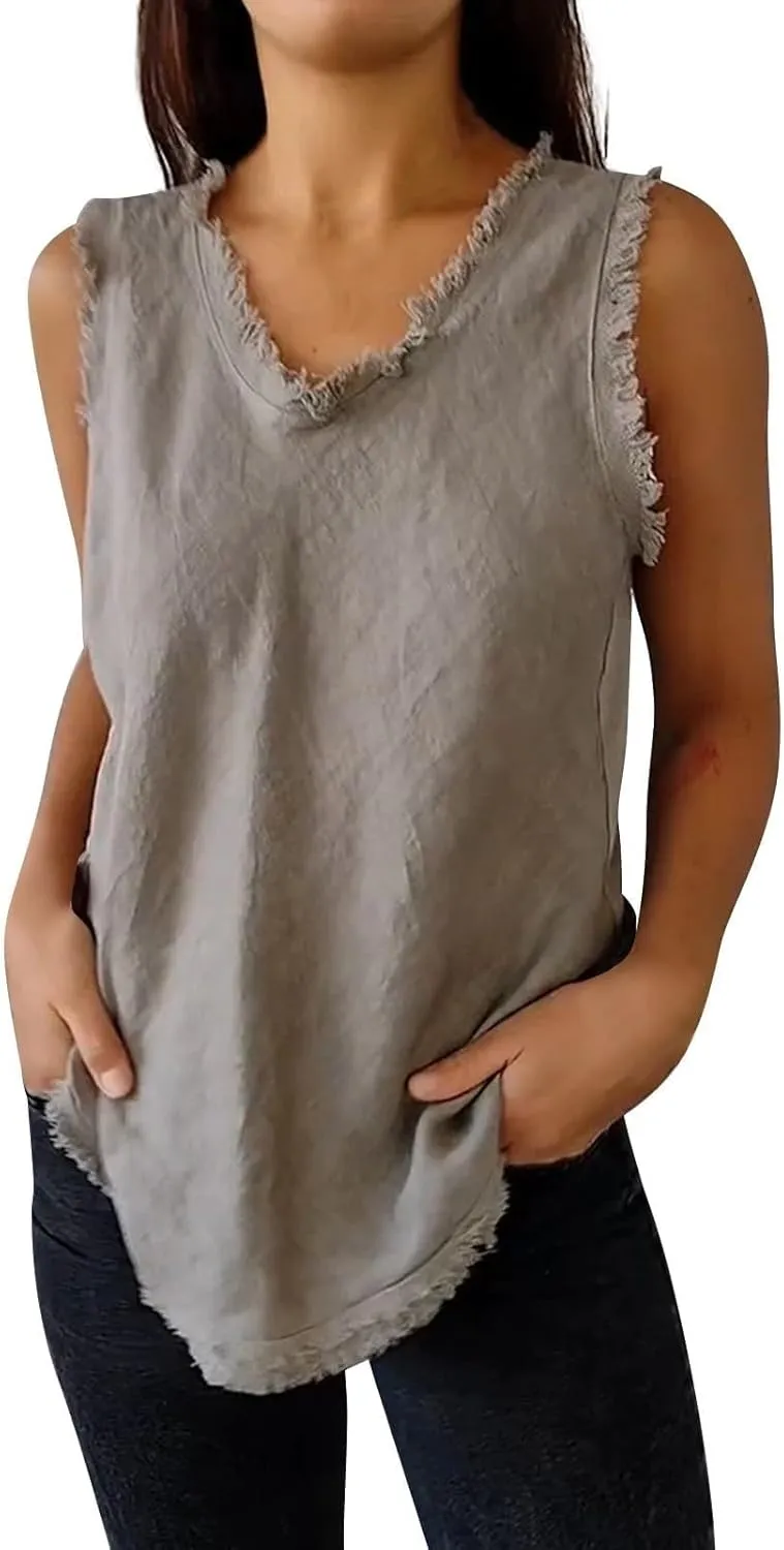 Womens Sleeveless Ruffled V Neck Vest Shirts Summer Cotton Linen Tank Tops Solid Color Raw Edge Hem Camisoles