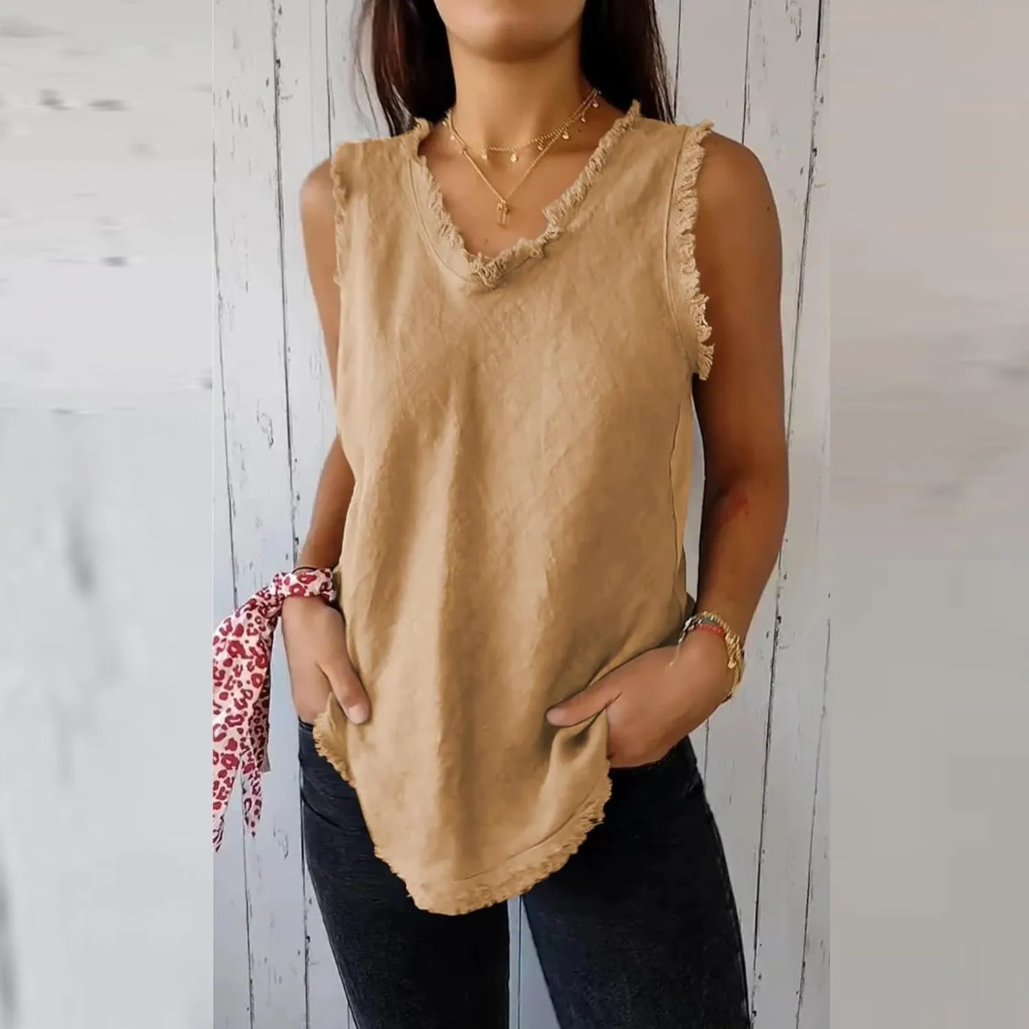 Womens Sleeveless Ruffled V Neck Vest Shirts Summer Cotton Linen Tank Tops Solid Color Raw Edge Hem Camisoles