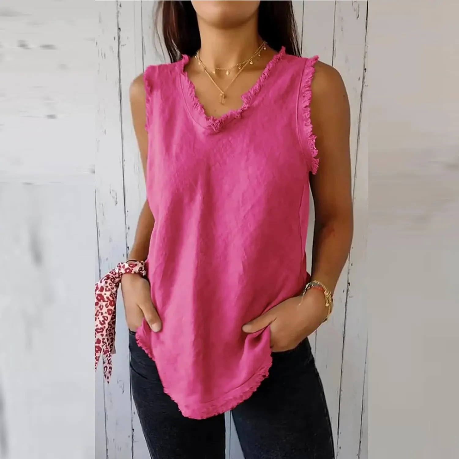 Womens Sleeveless Ruffled V Neck Vest Shirts Summer Cotton Linen Tank Tops Solid Color Raw Edge Hem Camisoles