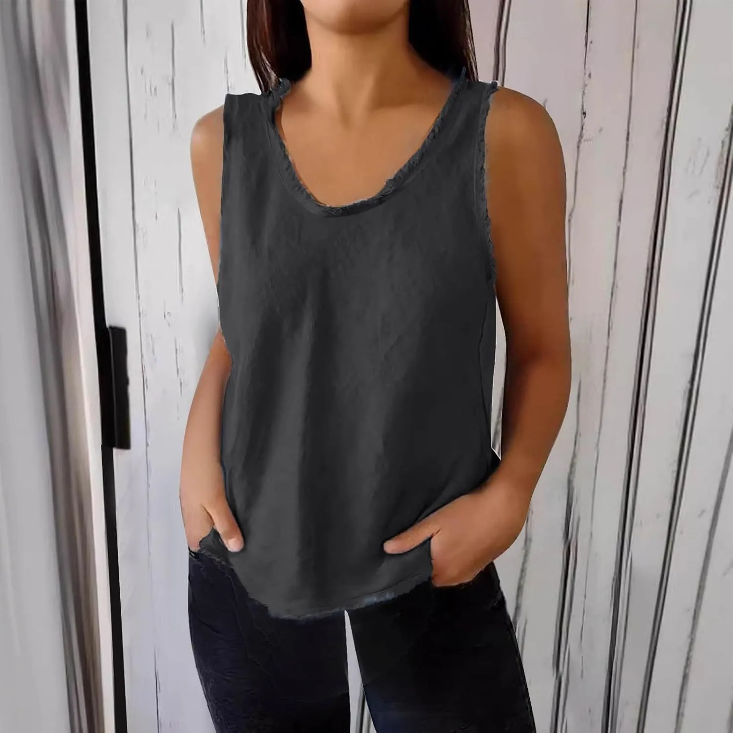 Womens Sleeveless V Neck Cotton Linen Tank Tops 2025 Summer Tank Shirts Solid Color Raw Edge Hem Camisoles Tees
