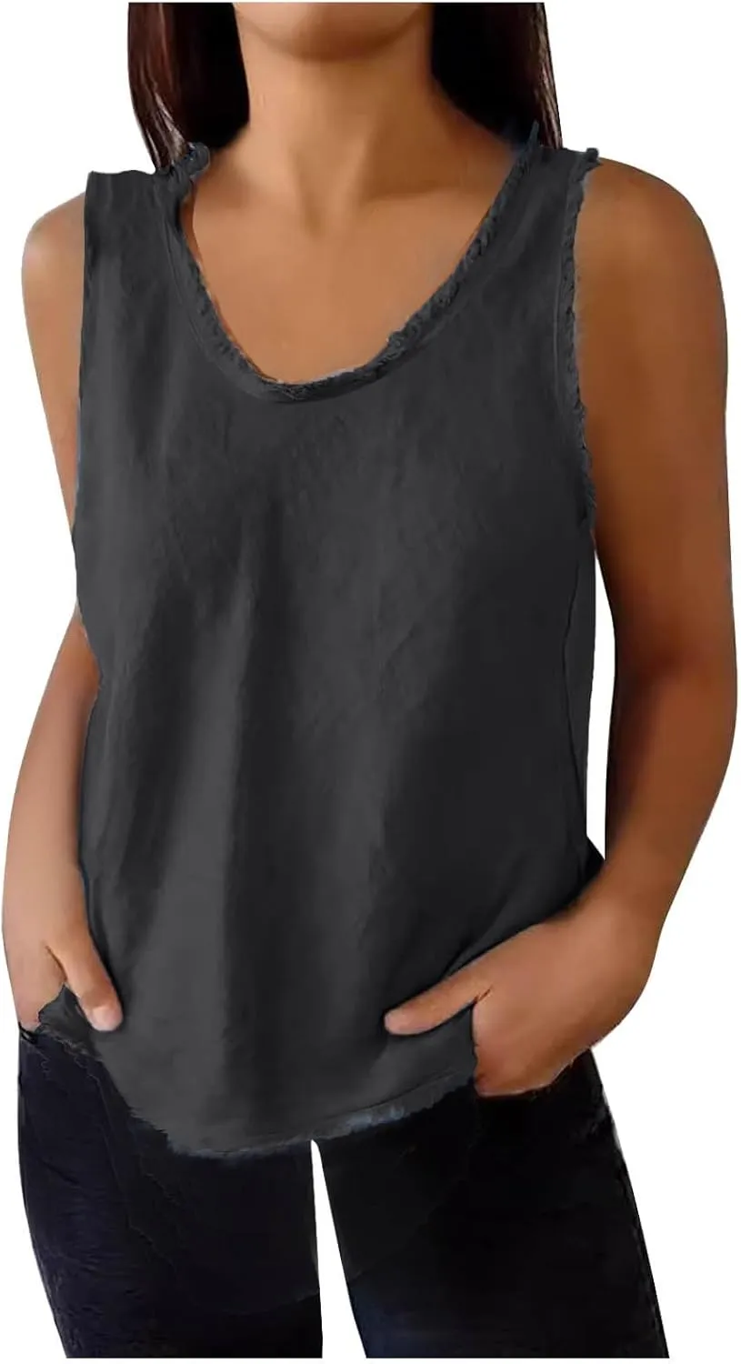 Womens Sleeveless V Neck Cotton Linen Tank Tops 2025 Summer Tank Shirts Solid Color Raw Edge Hem Camisoles Tees