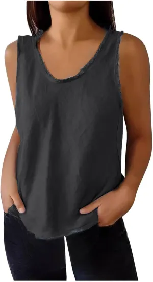 Womens Sleeveless V Neck Cotton Linen Tank Tops 2025 Summer Tank Shirts Solid Color Raw Edge Hem Camisoles Tees