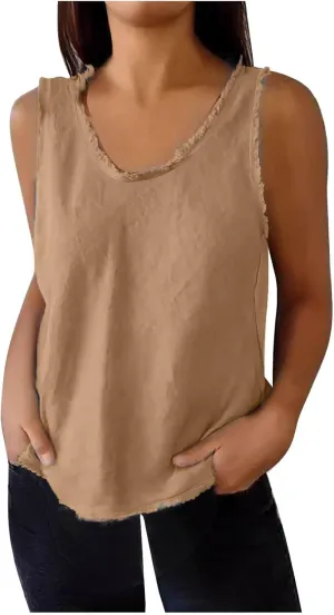 Womens Sleeveless V Neck Cotton Linen Tank Tops 2025 Summer Tank Shirts Solid Color Raw Edge Hem Camisoles Tees