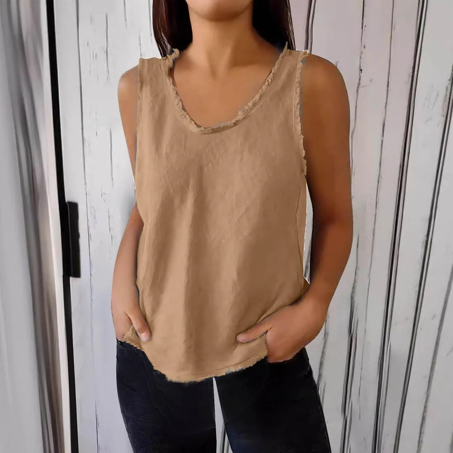 Womens Sleeveless V Neck Cotton Linen Tank Tops 2025 Summer Tank Shirts Solid Color Raw Edge Hem Camisoles Tees