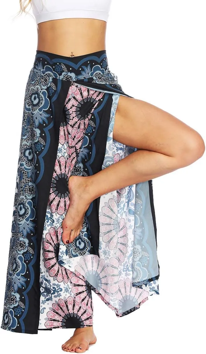 Womens Slit Wide Leg Pants Causal Hippie Bohemian Summer Beach Boho Yoga Pants