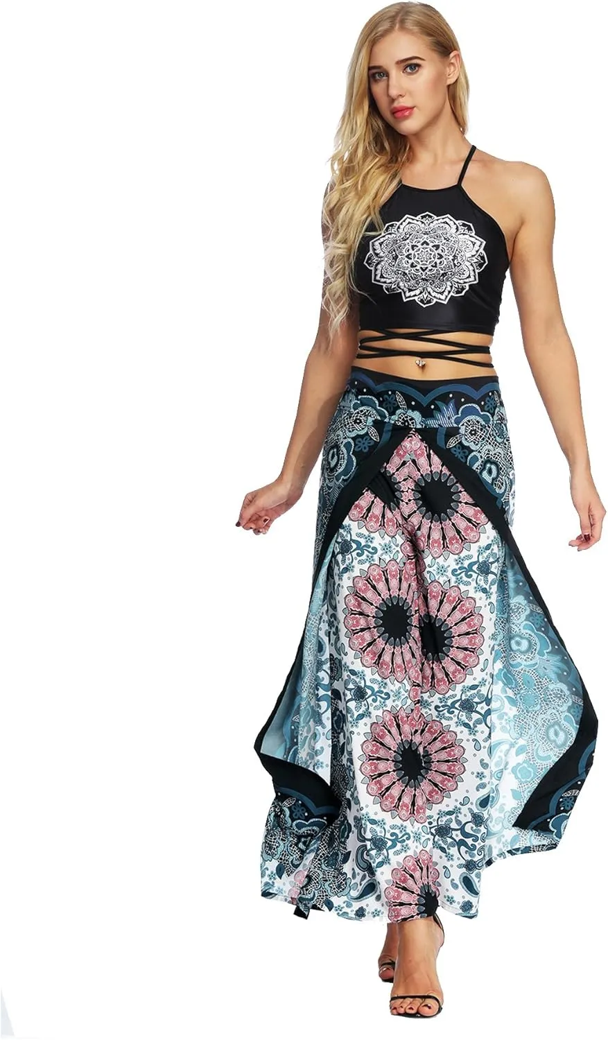 Womens Slit Wide Leg Pants Causal Hippie Bohemian Summer Beach Boho Yoga Pants