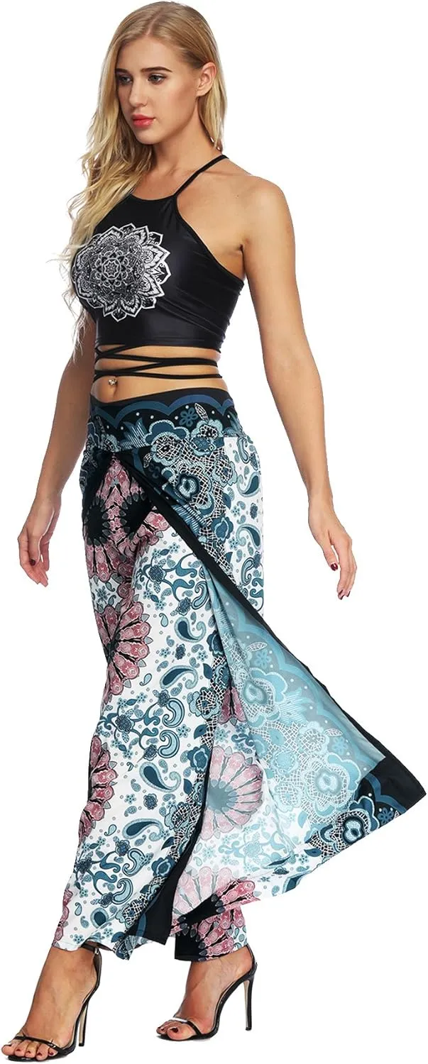 Womens Slit Wide Leg Pants Causal Hippie Bohemian Summer Beach Boho Yoga Pants