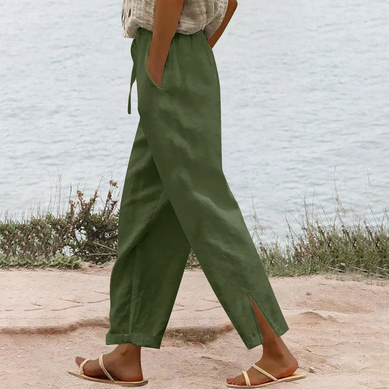 Womens Striped Linen Pants Lightweight Capri Summer Casual Beach Drawstring Elastic Waist Trousers with Pockets