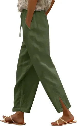 Womens Striped Linen Pants Lightweight Capri Summer Casual Beach Drawstring Elastic Waist Trousers with Pockets