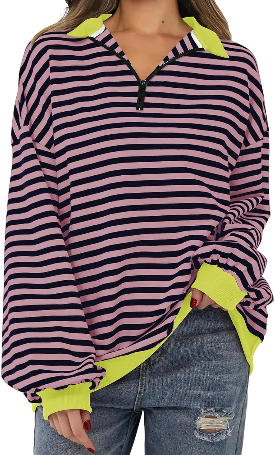 Women's Striped Oversized Hoodies,2024 Casual Cowl Neck Long Sleeve Fleece Sweatshirts,Pullover Tunic Cute Winter