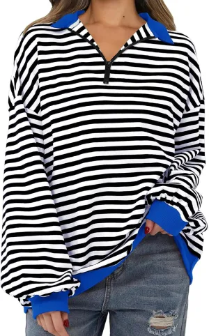 Women's Striped Oversized Hoodies,2024 Casual Cowl Neck Long Sleeve Fleece Sweatshirts,Pullover Tunic Cute Winter
