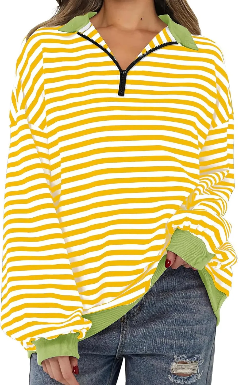 Women's Striped Oversized Hoodies,2024 Casual Cowl Neck Long Sleeve Fleece Sweatshirts,Pullover Tunic Cute Winter