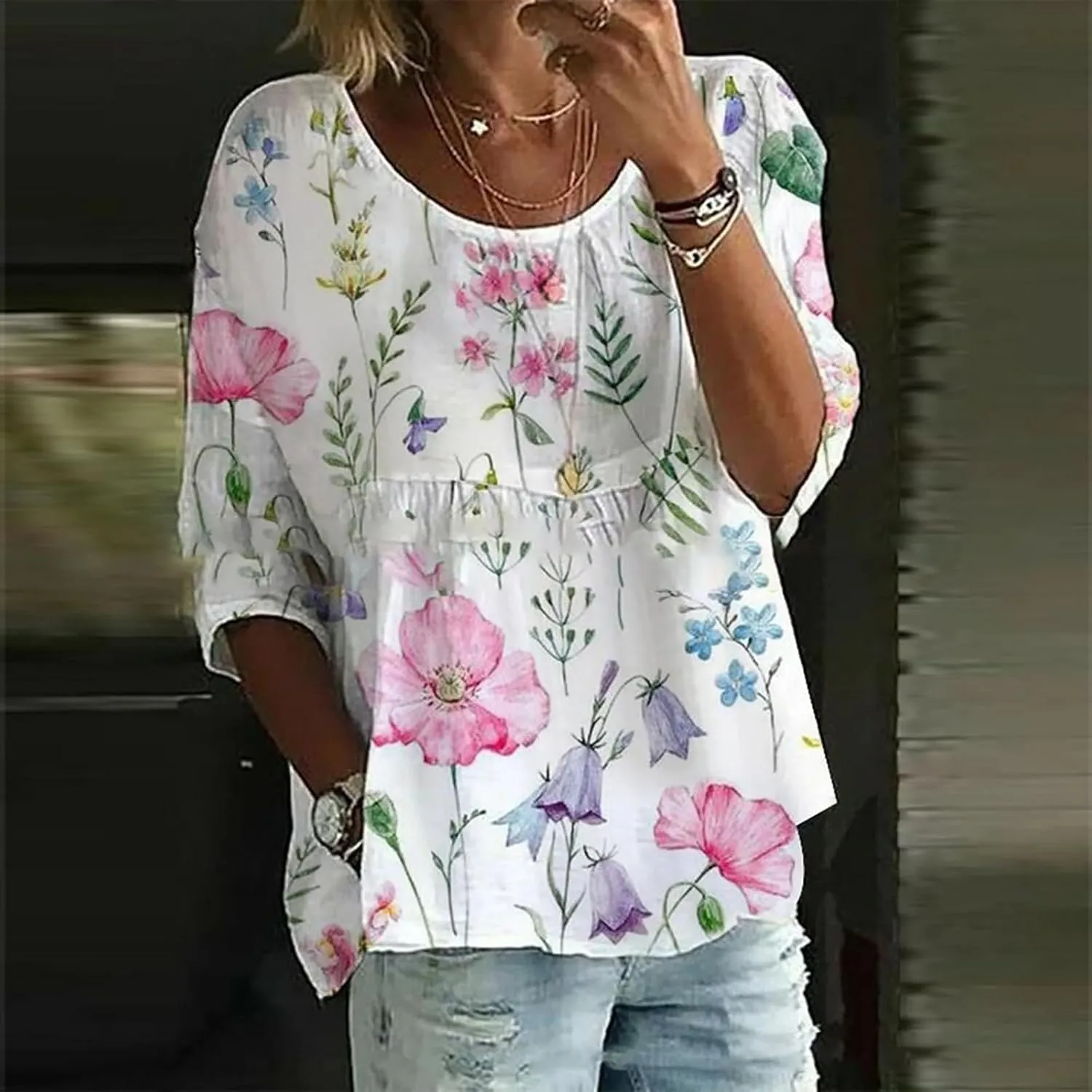 Women's Summer Boho Floral 3/4 Sleeve Tunic Top Flowy Casual Loose Cute Plus Size Pleated Blouse Shirts
