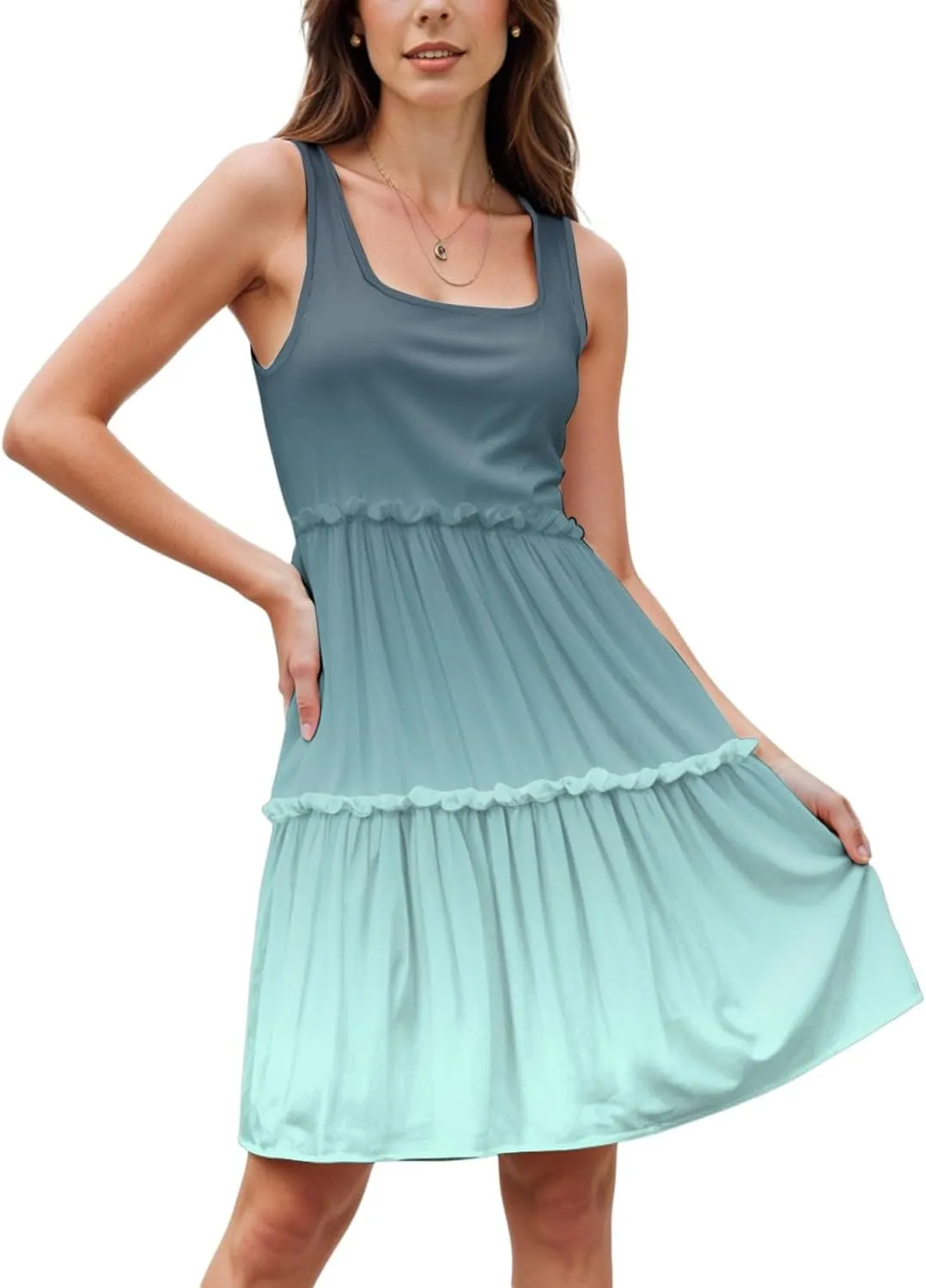 Womens Summer Casual U Neck Sleeveless Mini Dress Boho Floral Ruffle Swing A Line Short Sundresses