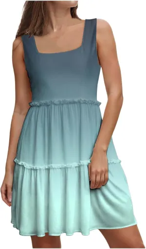 Womens Summer Casual U Neck Sleeveless Mini Dress Boho Floral Ruffle Swing A Line Short Sundresses