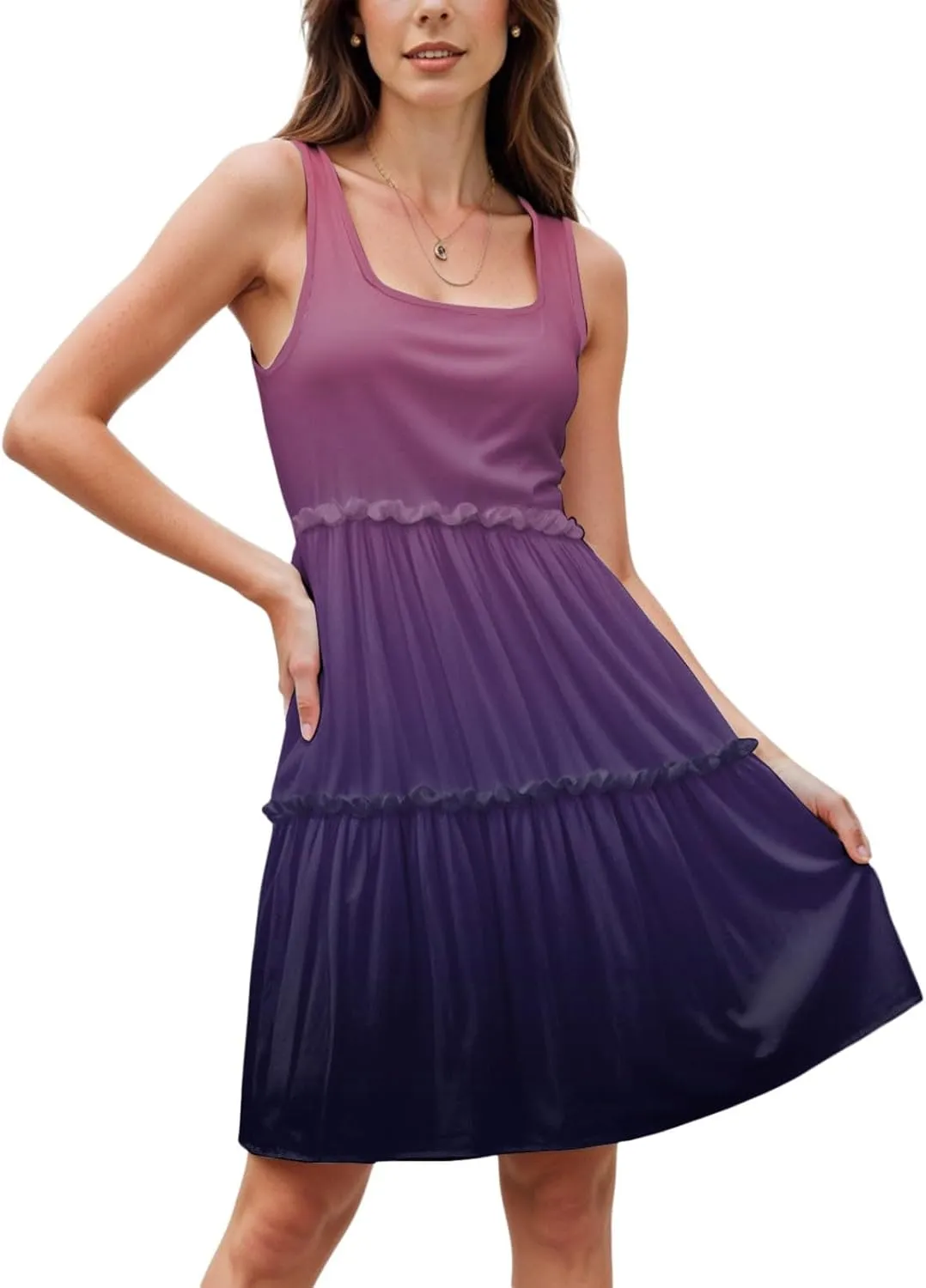 Womens Summer Casual U Neck Sleeveless Mini Dress Boho Floral Ruffle Swing A Line Short Sundresses