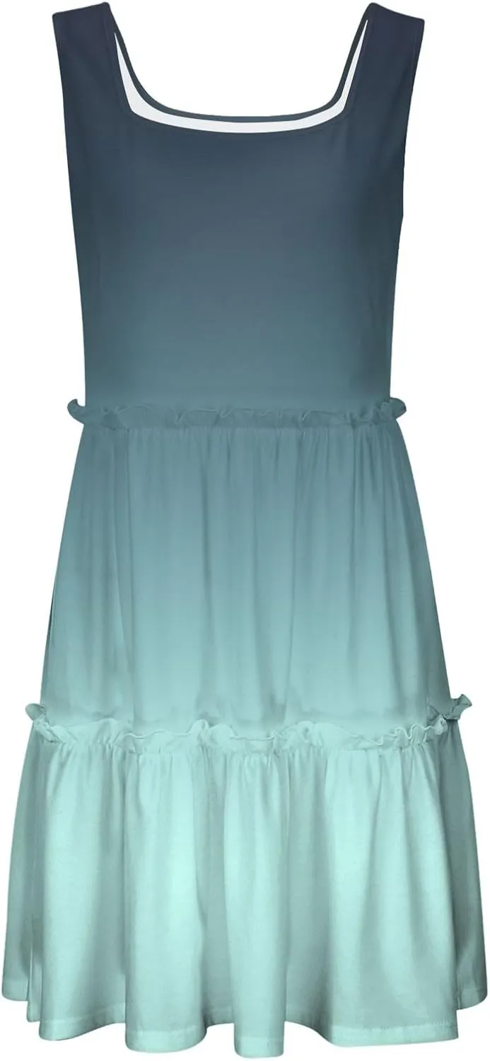 Womens Summer Casual U Neck Sleeveless Mini Dress Boho Floral Ruffle Swing A Line Short Sundresses