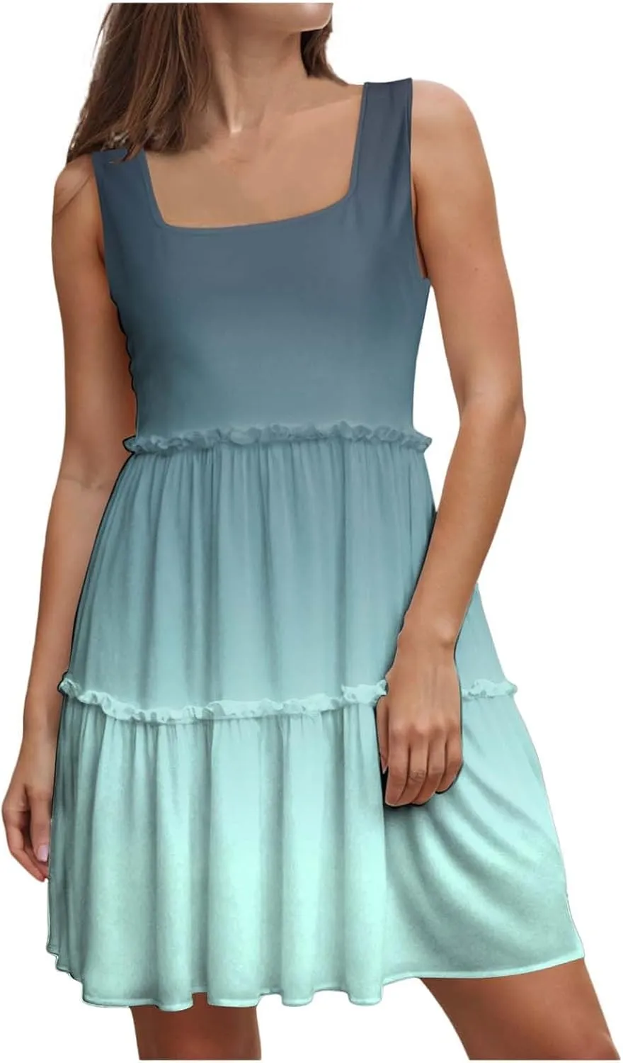 Womens Summer Casual U Neck Sleeveless Mini Dress Boho Floral Ruffle Swing A Line Short Sundresses
