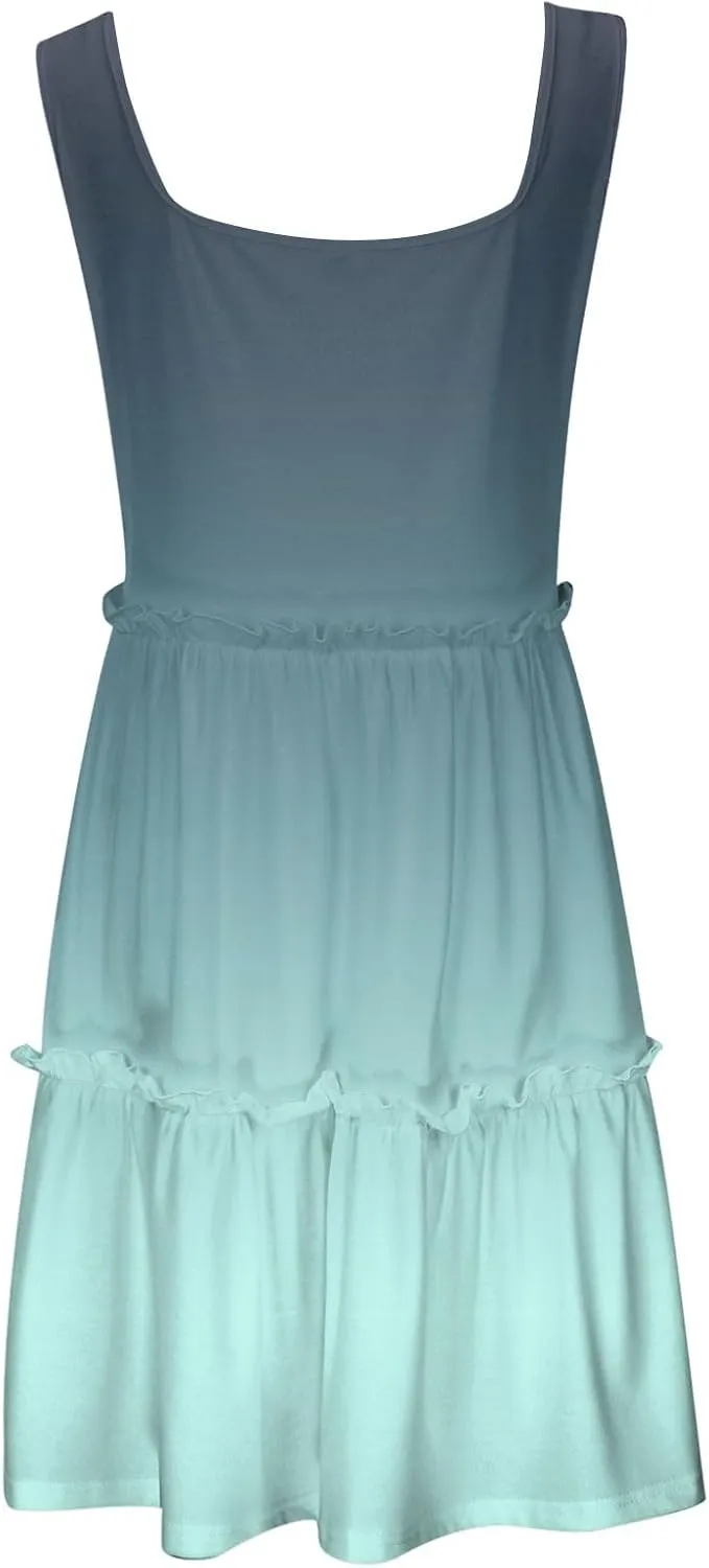 Womens Summer Casual U Neck Sleeveless Mini Dress Boho Floral Ruffle Swing A Line Short Sundresses