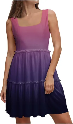 Womens Summer Casual U Neck Sleeveless Mini Dress Boho Floral Ruffle Swing A Line Short Sundresses