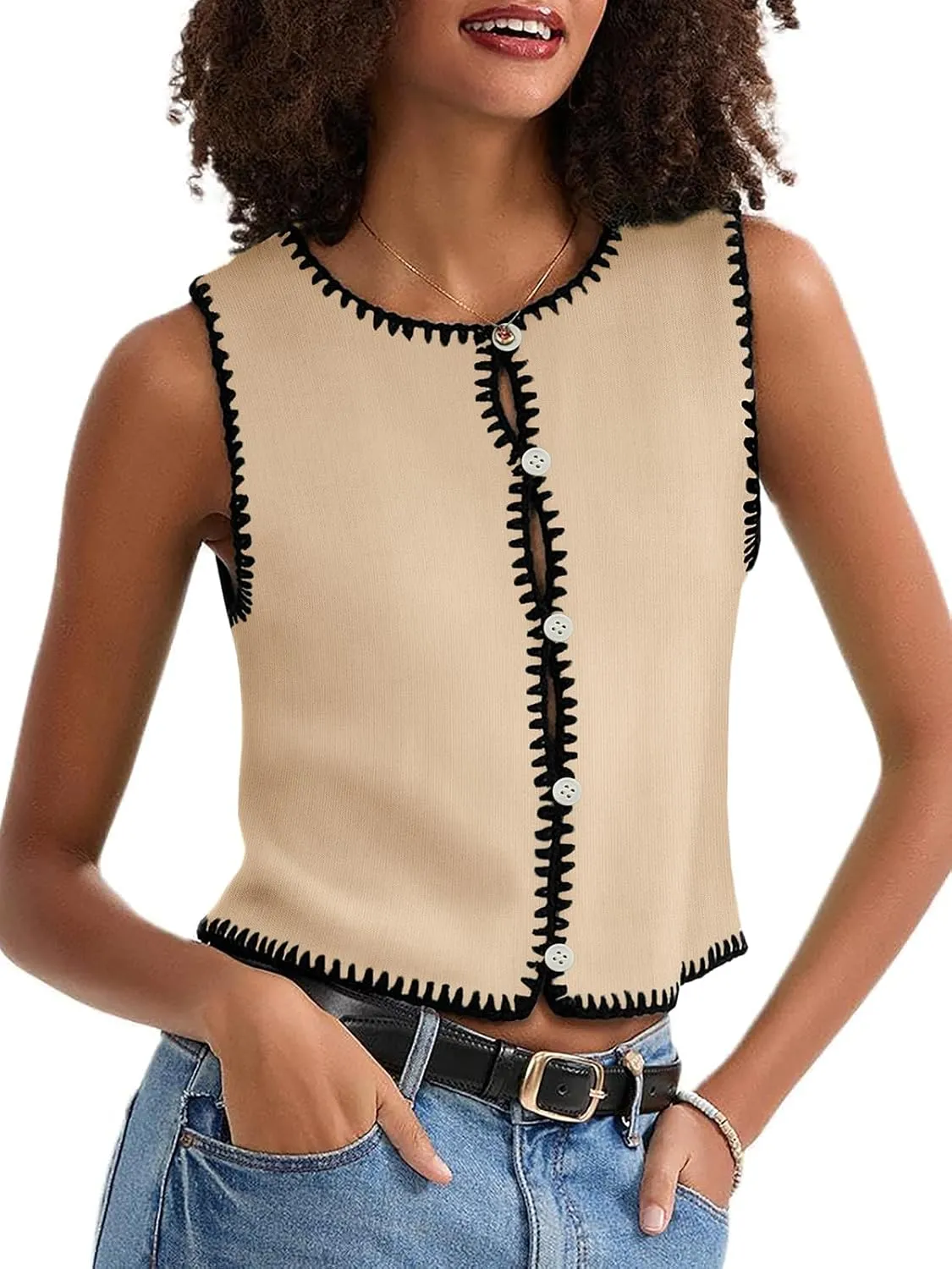 Womens Sweater Vest Sleeveless Button Down Tank Tops Spring Summer Cropped Cardigan 2025 Knit Top