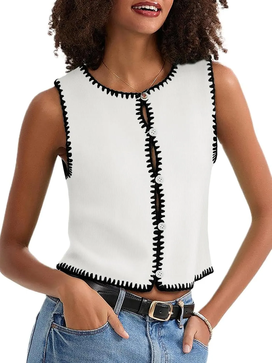 Womens Sweater Vest Sleeveless Button Down Tank Tops Spring Summer Cropped Cardigan 2025 Knit Top