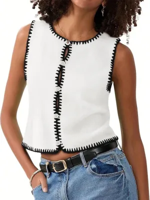 Womens Sweater Vest Sleeveless Button Down Tank Tops Spring Summer Cropped Cardigan 2025 Knit Top