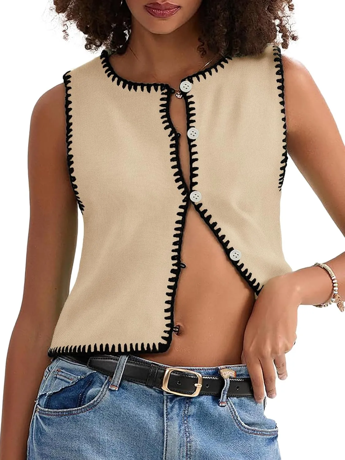 Womens Sweater Vest Sleeveless Button Down Tank Tops Spring Summer Cropped Cardigan 2025 Knit Top