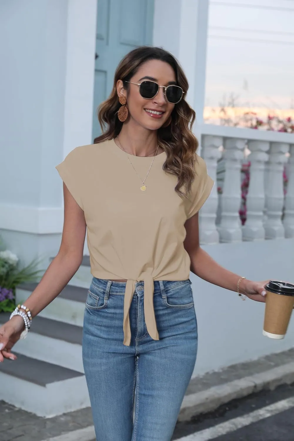 Womens Tie Knot Front Cropped T-Shirt Summer Casual Crew Neck Rolled Short Sleeve Crop Tops Tees