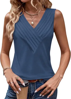 Womens V Neck Tank Tops Loose Fit Pleated Work Dressy Casual Tanks Summer Sleeveless Shirts