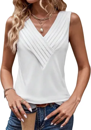 Womens V Neck Tank Tops Loose Fit Pleated Work Dressy Casual Tanks Summer Sleeveless Shirts
