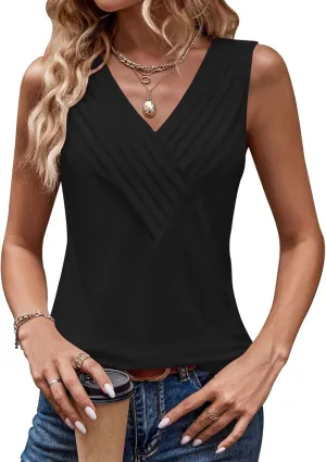 Womens V Neck Tank Tops Loose Fit Pleated Work Dressy Casual Tanks Summer Sleeveless Shirts