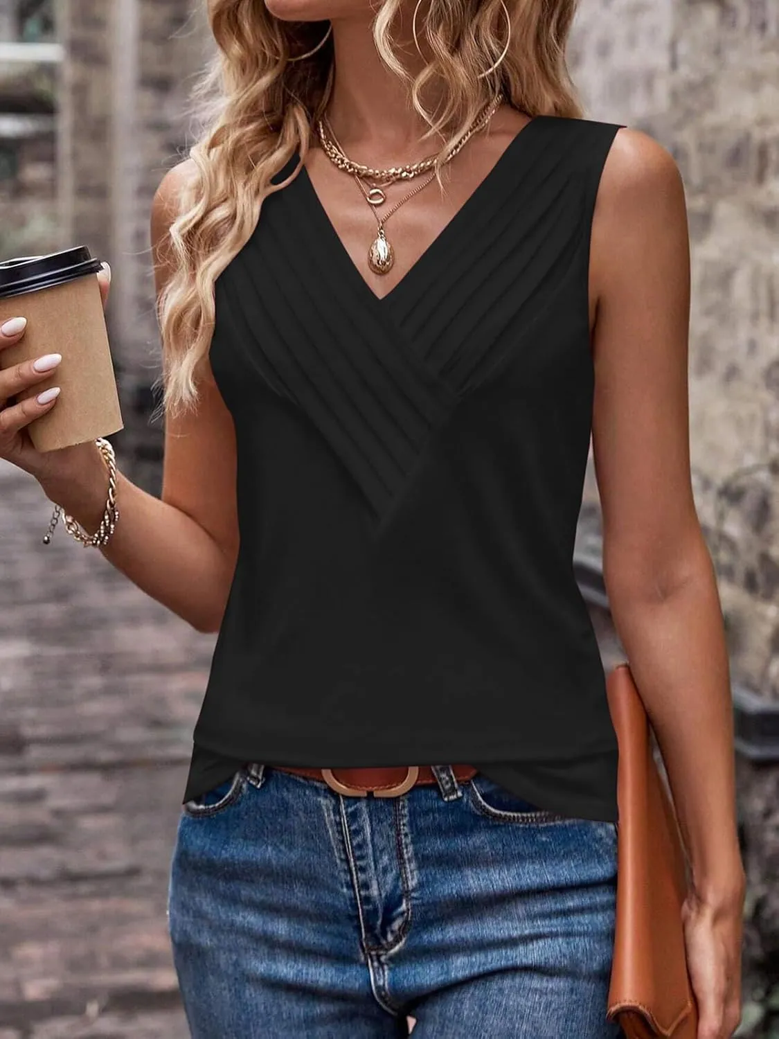 Womens V Neck Tank Tops Loose Fit Pleated Work Dressy Casual Tanks Summer Sleeveless Shirts