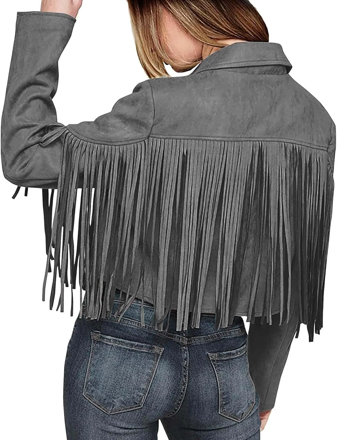 Womens Vintage Fringe Faux Suede Leather Cropped Jackets Fall Winter Motorcycle Moto Biker Short Open Front Tassel Coat