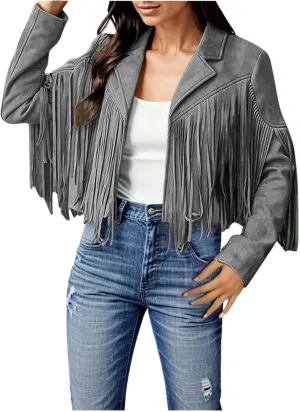 Womens Vintage Fringe Faux Suede Leather Cropped Jackets Fall Winter Motorcycle Moto Biker Short Open Front Tassel Coat