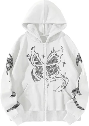 Womens Y2K Sweatshirt Casual Zip Up Oversize Hoodie Butterfly Graphic Jacket 90S E-Girl Hoodie Long Sleeve Streetwear