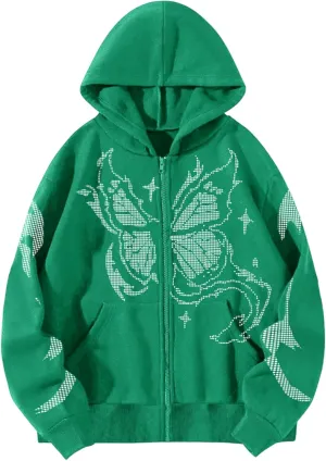 Womens Y2K Sweatshirt Casual Zip Up Oversize Hoodie Butterfly Graphic Jacket 90S E-Girl Hoodie Long Sleeve Streetwear