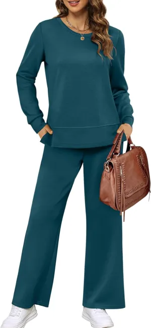 XIEERDUO Women's 2 Piece Lounge Sets Casual Fall Travel Outfits Fashion Wide Leg Tracksuit Cozy Sweatsuits S-3XL