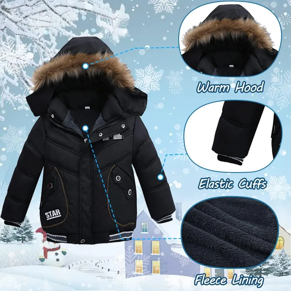 XIFAMNIY Boys Down Jacket Fur Collar Hood Thick Warm Winter Coat Parka Padded Outerwear 3-6T
