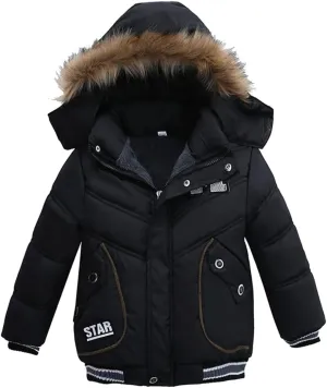 XIFAMNIY Boys Down Jacket Fur Collar Hood Thick Warm Winter Coat Parka Padded Outerwear 3-6T