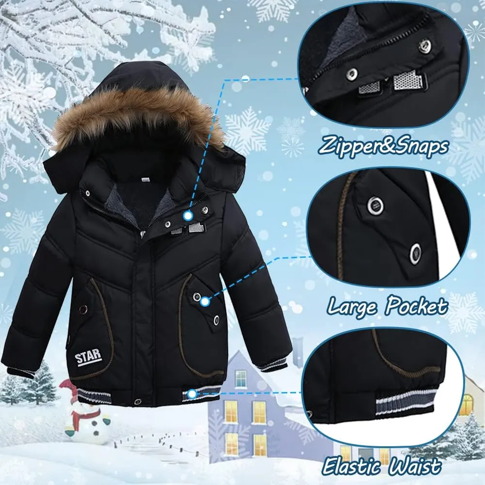 XIFAMNIY Boys Down Jacket Fur Collar Hood Thick Warm Winter Coat Parka Padded Outerwear 3-6T