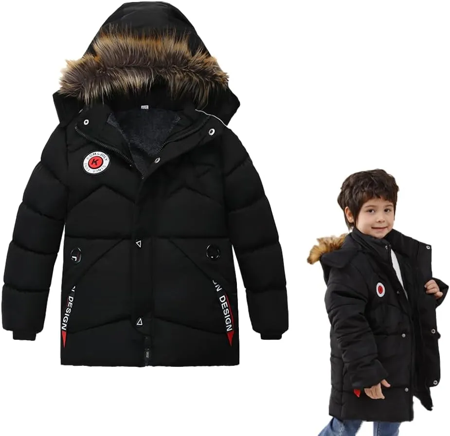 XIFAMNIY Boys Down Jacket Fur Collar Hood Thick Warm Winter Coat Parka Padded Outerwear 3-6T