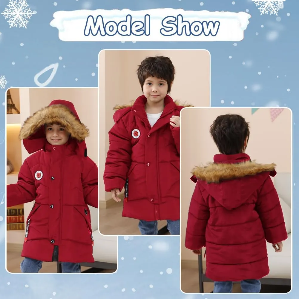 XIFAMNIY Boys Down Jacket Fur Collar Hood Thick Warm Winter Coat Parka Padded Outerwear 3-6T